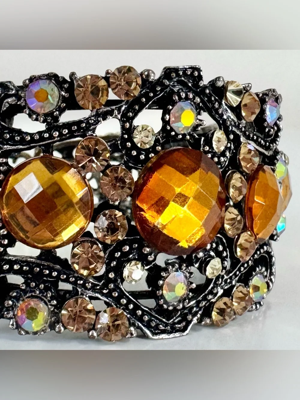 Amber Crystal Metal Cuff Bracelet Scrollwork Iridescent Rhinestone